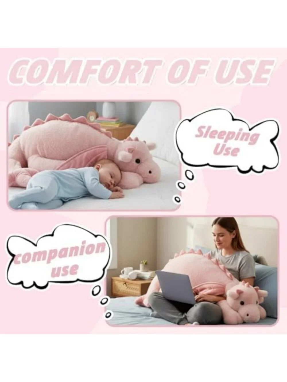 Cute 36in Pink Dragon Plush Toy - Giant Soft Pterosaur Pillow, Cuddly Gift